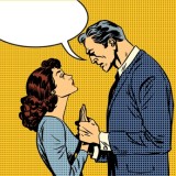 husband and wife lovers serious talk love conflict pop art comic